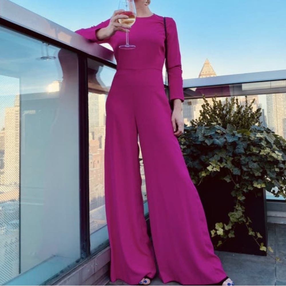 Adam Lippes Hot Pink Long-Sleeve Wide-Leg Jumpsuit - Picture 4 of 16